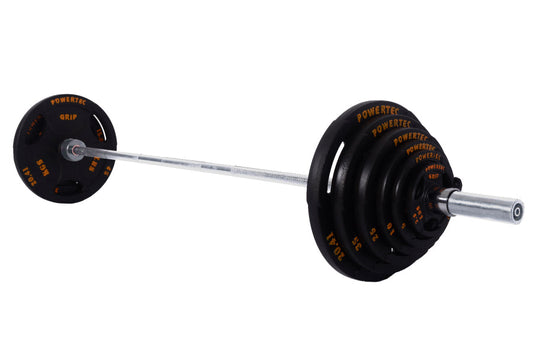Powertec Olympic weight set with black rubber plates labeled in orange, chrome bar, and collars on white background