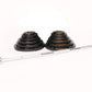 Powertec Olympic weight set with black rubber-coated plates and gold markings on chrome barbell, 300lbs total, on white backg