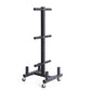Black steel weight plate storage rack with three horizontal bars, mobile base with four caster wheels, on white background