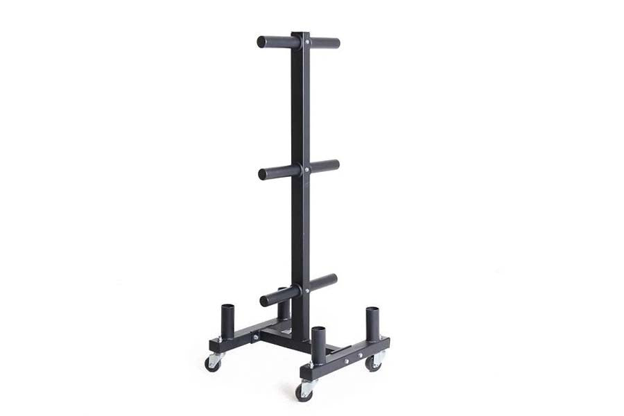 Black steel weight plate storage rack with three horizontal bars, mobile base with four caster wheels, on white background