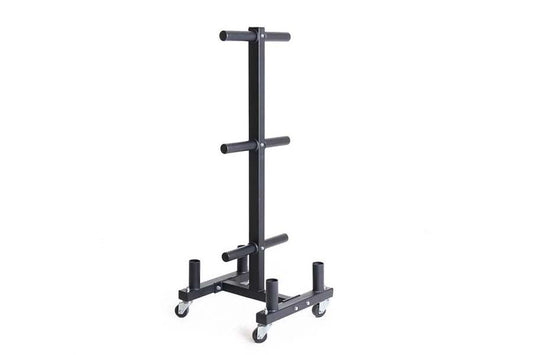 Black steel weight plate storage rack with three horizontal bars, mobile base with four caster wheels, on white background