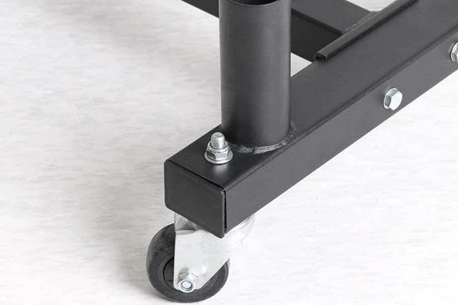 Black steel Olympic plate holder with caster wheel and metal hardware on light background