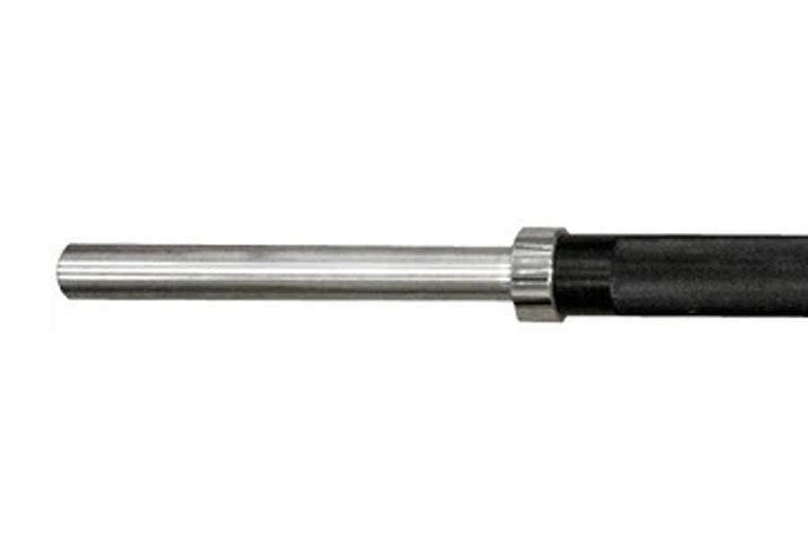 Warrior Olympic Fat Bar with stainless steel shaft and black rubber grip sleeve, close-up detail view