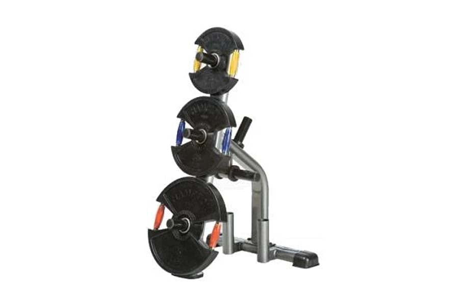 TuffStuff Olympic plate tree and bar holder with three black weight plates in yellow, blue, and red collars on gray metal sta