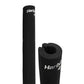 Black foam barbell pad with textured grip surface and white Harbinger branding, shown unrolled and rolled, on white backgroun