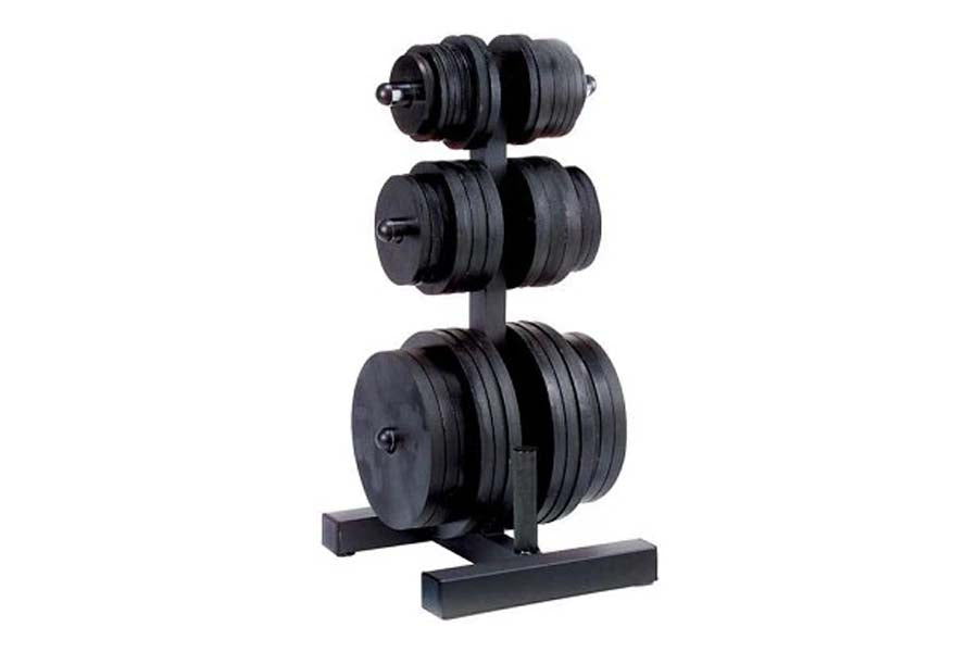 Black dumbbell tree rack with three tiers holding stacked weight plates on vertical bar, on white background
