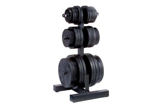 Black dumbbell tree rack with three tiers holding stacked weight plates on vertical bar, on white background