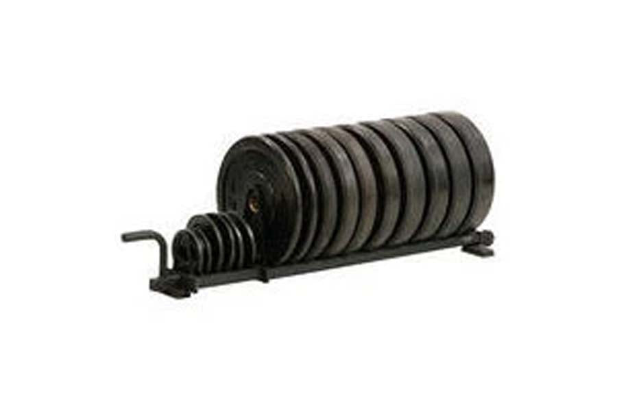 Black Olympic and standard plate rack with horizontal storage bars and side loading sleeves, on white background