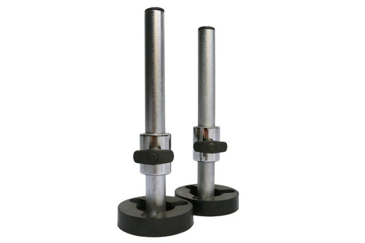 Powertec one inch weight horn adapter pair with silver metal shafts, chrome collars, and black rubber bases on white backgrou