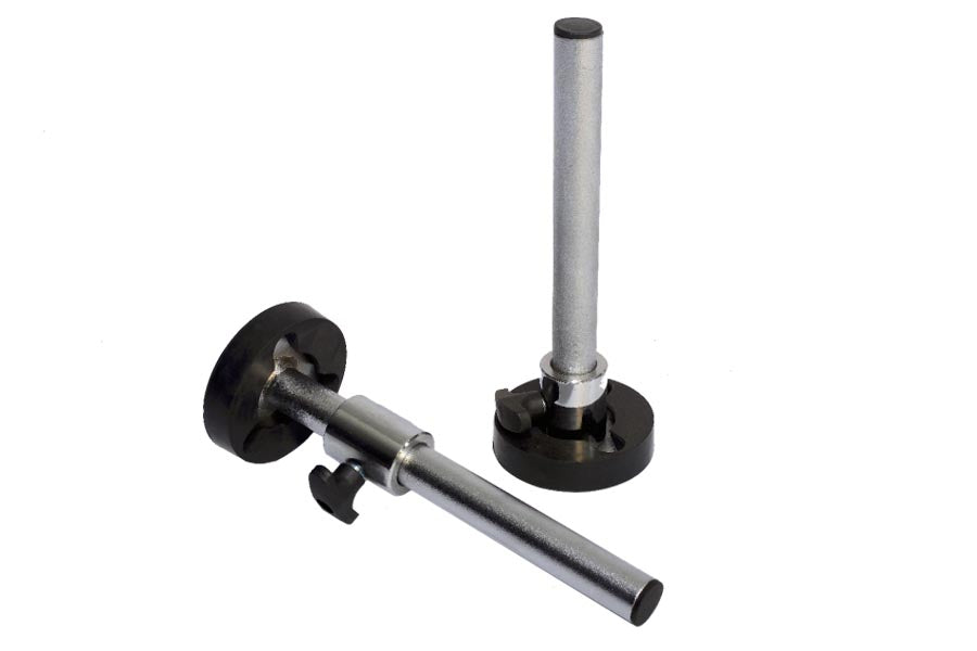 Powertec one inch weight horn adapter with black disc collar and silver metal shaft on white background, flat lay view