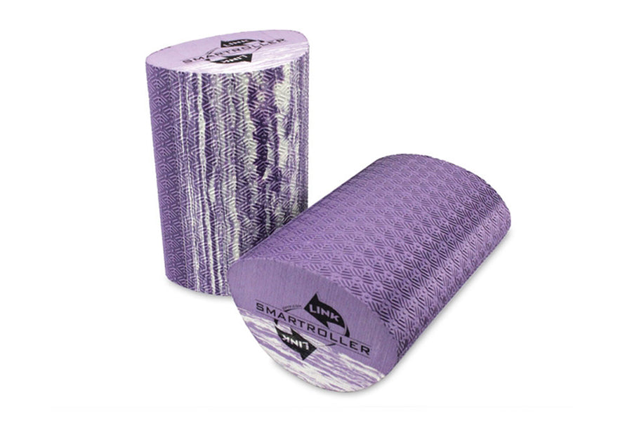 Purple SmartRoller Convex foam roller with textured surface and brand label, shown with cylindrical packaging on white backgr