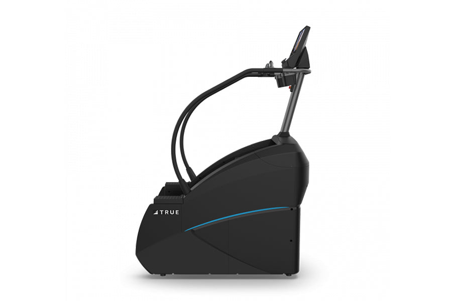 Black TRUE Palisade commercial climbing machine with curved arm and blue accent stripe on white background