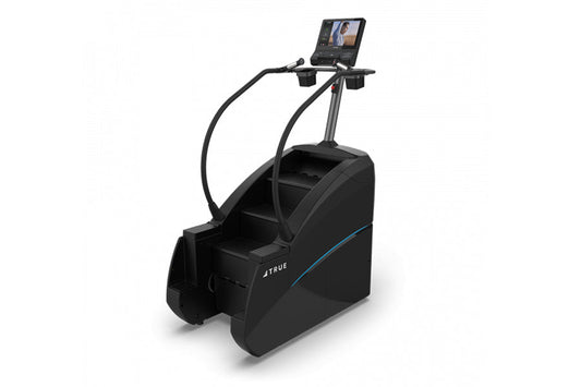 TRUE commercial stair climber with blue accent stripe, digital display console, and curved handrails on white background