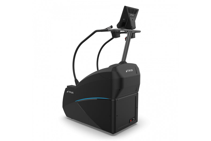 Black TRUE Palisade commercial climbing machine with blue accent stripe and digital display screen on white background