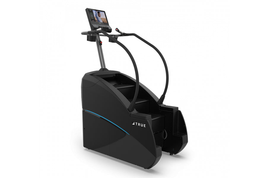 Black commercial stair climbing machine with blue accent stripe, digital display console, and dual handrails, on white backgr