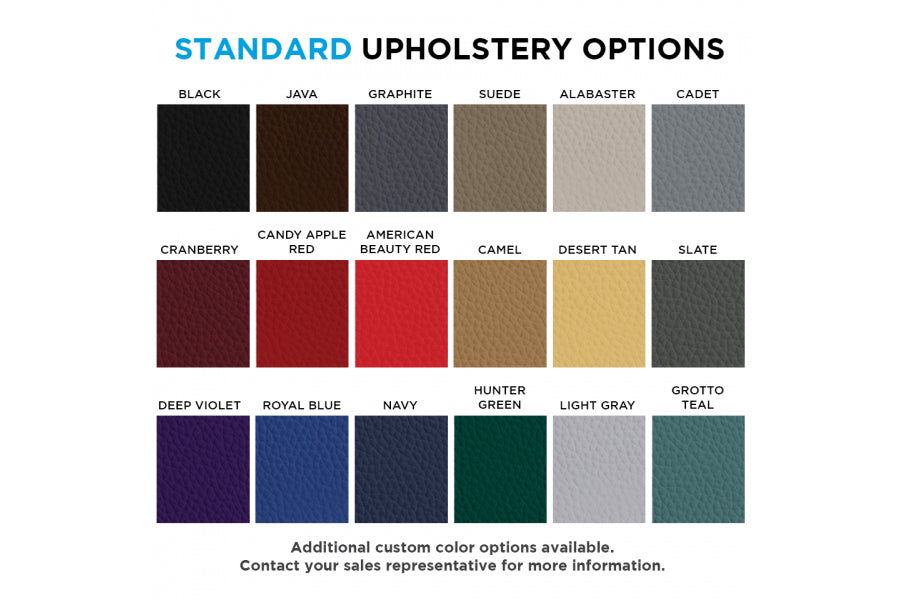Standard upholstery color options including black, java brown, graphite, suede, alabaster, cadet blue, cranberry, candy apple