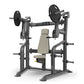 TRUE PLS-1100 incline chest press with gray steel frame, beige padded seat, and black weight plates on white background