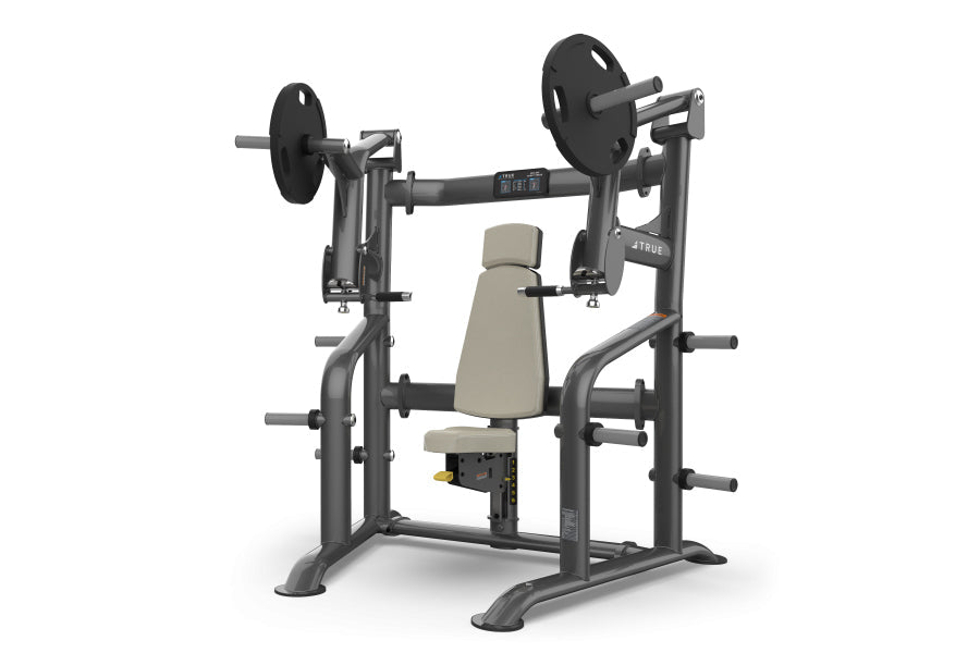 TRUE PLS-1100 incline chest press with gray steel frame, beige padded seat, and black weight plates on white background