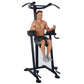 Male model demonstrating black Powertec Power Tower with overhead pull-up bar and leg raise station, worn on white background