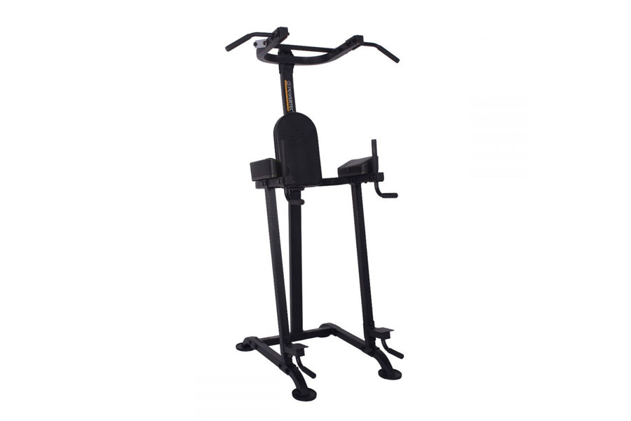 Black vertical power tower with padded seat, drop handles, and leg press footplates on white background