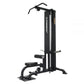 Black Powertec lat pulldown machine with vertical frame, adjustable seat, and overhead pull handles on white background