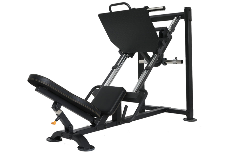 Black and silver leg press machine with padded seat and foot platform, on white background