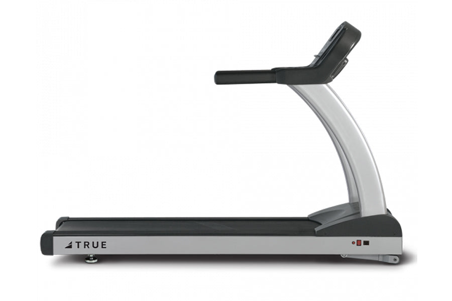 TRUE PS900 treadmill with black and silver frame, black running deck, and incline handles on white background