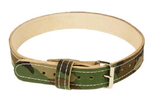 Green camouflage leather work belt with tan suede lining, silver buckle, and contrast stitching on white background