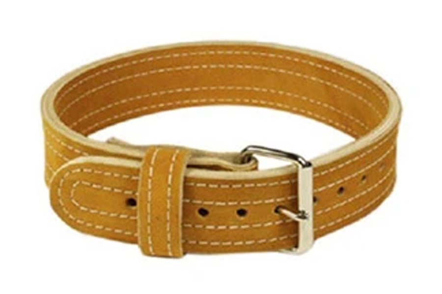 Tan leather weightlifting belt with white stitching and metal buckle on white background