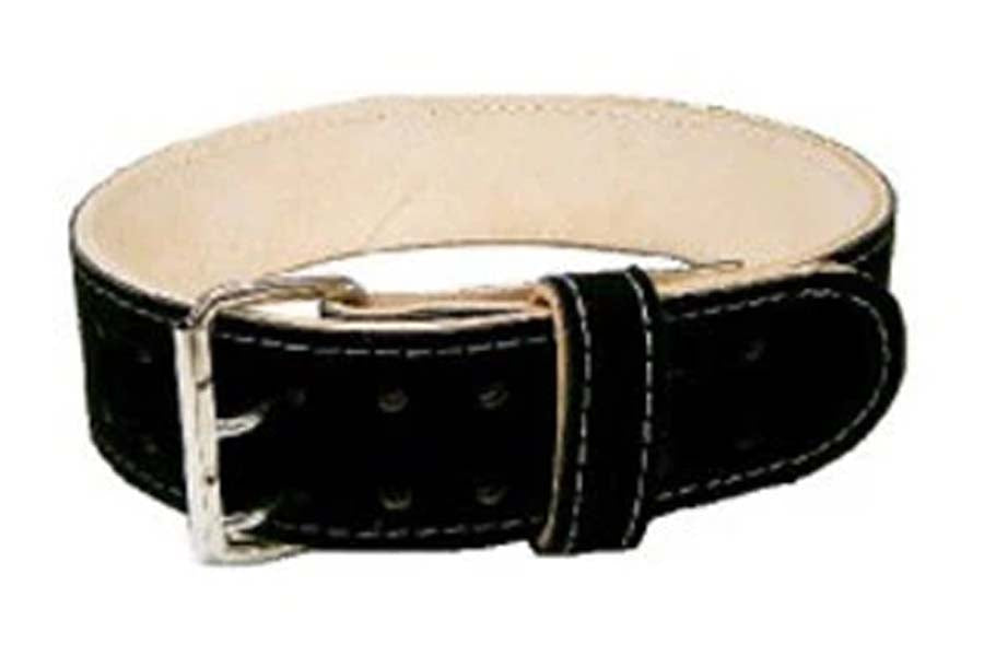 Black suede bench belt with cream leather lining, silver metal buckle, and white contrast stitching on white background
