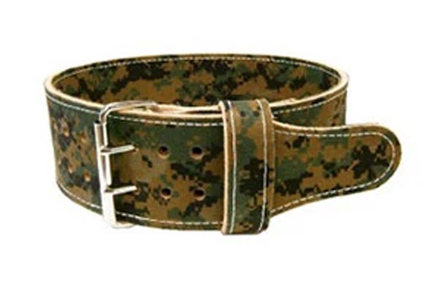 Camo power lifting belt with silver buckle and double-stitched edges, displayed on white background