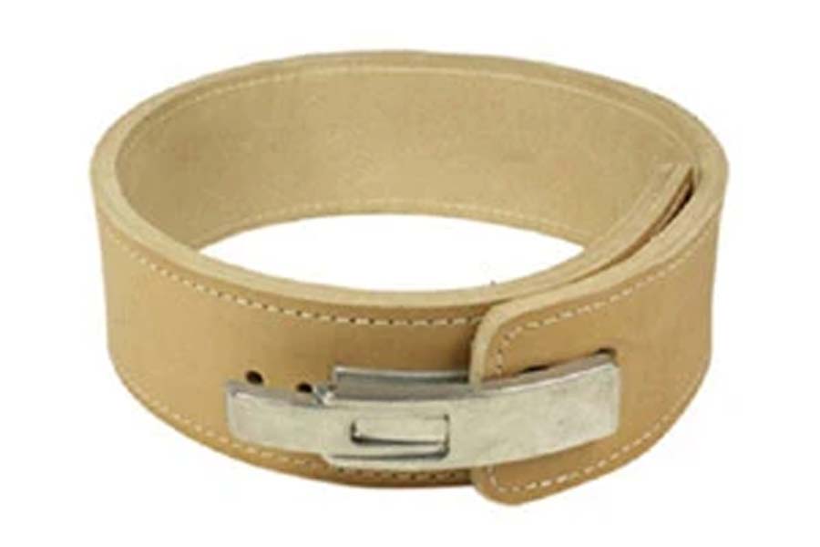 Tan leather weightlifting belt with metal lever buckle closure and stitched edges, front view on white background