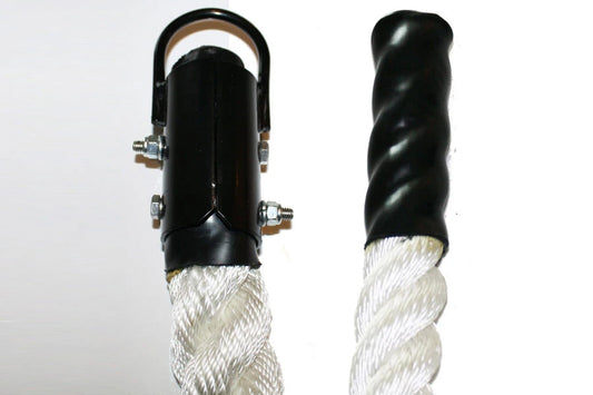 Warrior Poly Plus rope with black metal clamp and white twisted poly ends, two-inch diameter on white background