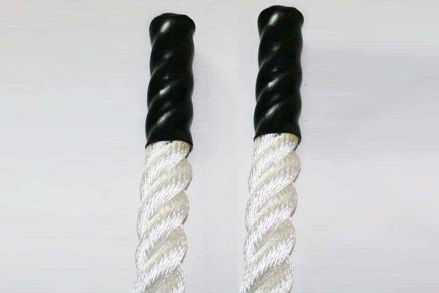 Pair of twisted ropes with black poly ends and white natural fiber centers, on white background