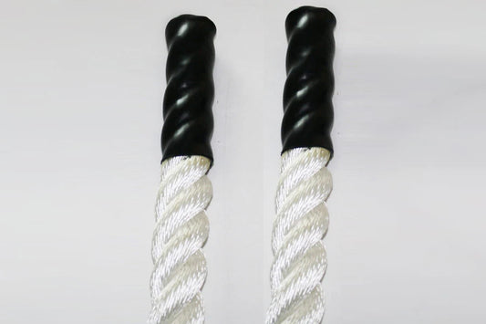 Pair of twisted ropes with black poly ends and white natural fiber centers, on white background