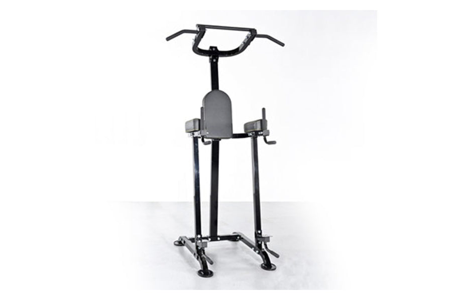 Black vertical power tower with gray seat, pull-up bar, and leg raise station on white background