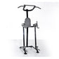 Black metal power tower with vertical leg raise station, dual handles, and pull-up bar on white background