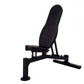 Black padded utility weight bench with adjustable backrest and leg extension, shown on white background