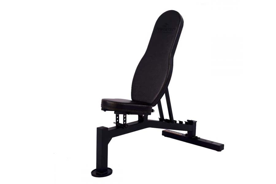Black padded utility weight bench with adjustable backrest and leg extension, shown on white background
