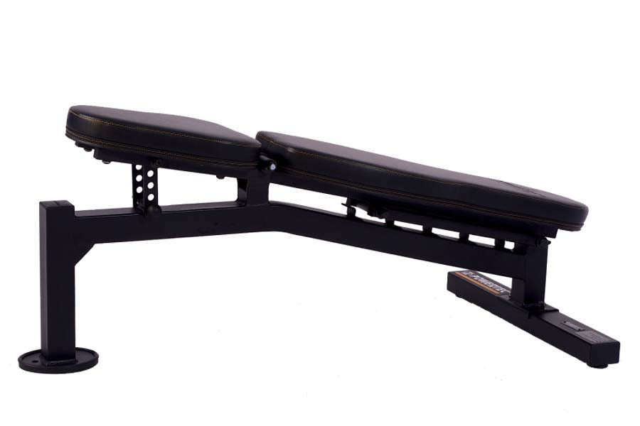 Black adjustable weight bench with padded seat and backrest, metal frame with leg extension attachment on white background