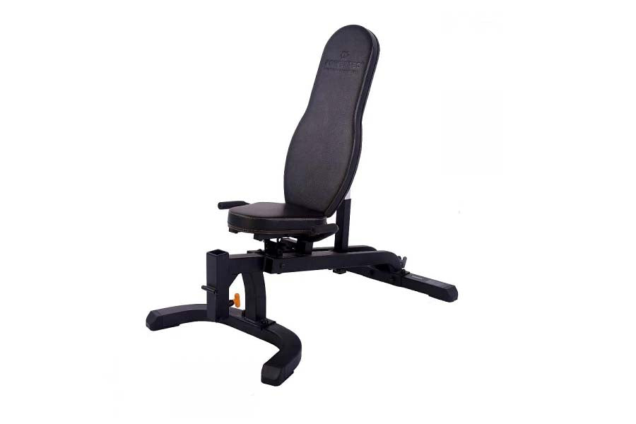 Black adjustable weight bench with high backrest, padded seat, and leg extension attachment on white background