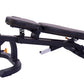 Powertec Workbench F.I.D. Bench with black frame, padded seat and backrest, adjustable leg extension, flat lay on white backg