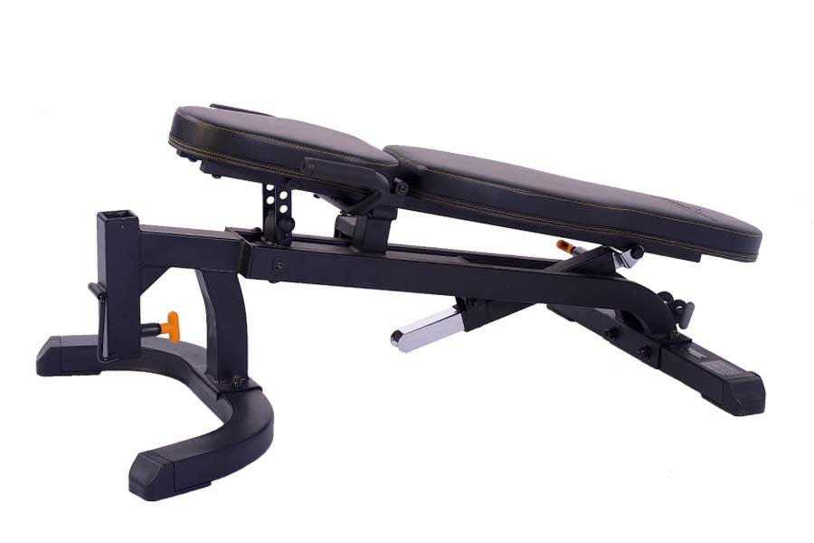 Powertec Workbench F.I.D. Bench with black frame, padded seat and backrest, adjustable leg extension, flat lay on white backg
