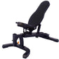 Black adjustable weight bench with padded backrest and seat, orange adjustment pin detail, on white background
