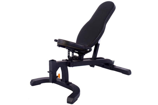Black adjustable weight bench with padded backrest and seat, orange adjustment pin detail, on white background