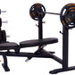 Powertec Workbench Olympic weight bench with black pad, barbell rack, and black weight plates on white background