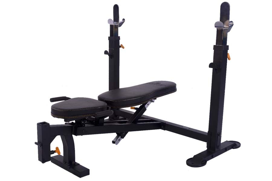 Black adjustable weight bench with leg extension attachment, upright bars with padded shoulder supports, and leg press platfo