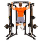 Man using black and gold functional trainer machine with dual weight stacks, performing lat pulldown exercise