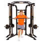 Black and silver functional trainer with dual cable stations and weight plates, demonstrated by man in orange shirt