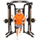 Man in orange shirt exercising on black Powertec Workbench Functional Trainer with dual weight stacks on white background